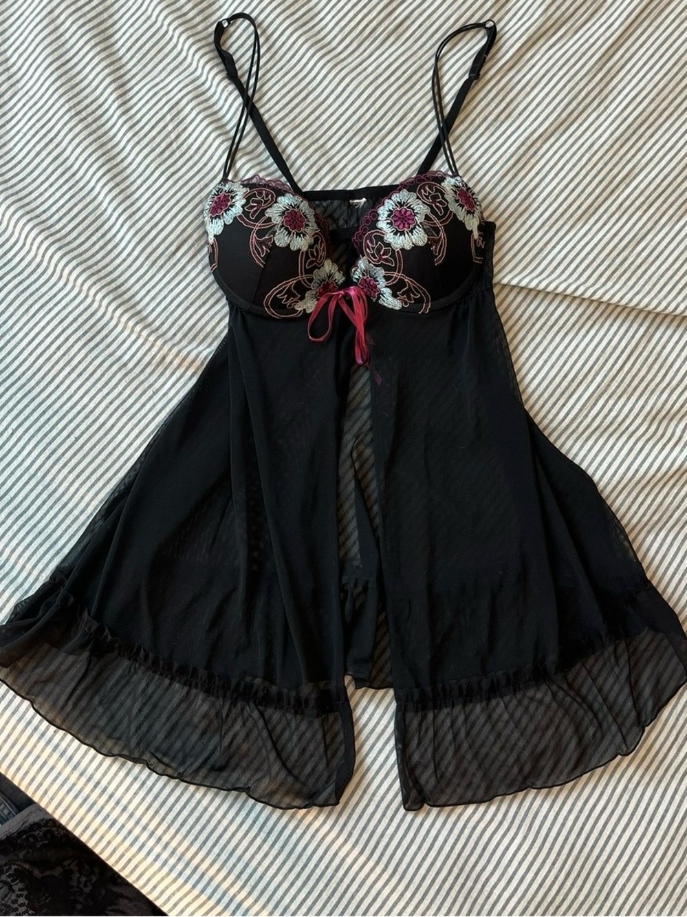Victoria's Secret Black Mesh Babydoll with Pink and White Floral Embroidery